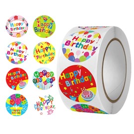 Hokoad Happy Birthday Stickers Seals 1" 500Pcs in 1Roll for Birthday Décor Party Supplies School Cards Sealing, 8 Designs Envelope Sealing Gift Wrap (1inch, D)