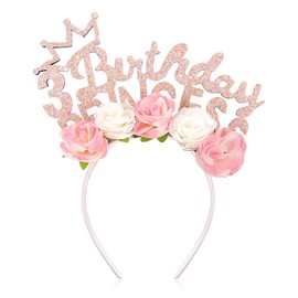 AHONEY 3rd Birthday Decorations Glitter Headband Flower Princess Hair Accessory for 3 Year Old Happy Birthday Party 3rd Birthday Hat