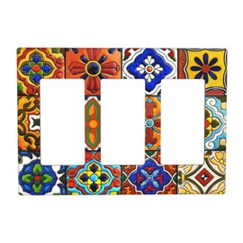 Mexican Talavera Ceramic Pattern 3 Gang Rocker Light Switch Plate Triple Decora Outlet Wall Cover Faceplate Decorative Wallplate for Bathroom Home Bedroom Decorate