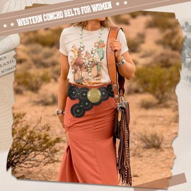 WHIPPY Western Leather Belts for Woman Concho Cowgirl Cowboy Disc Belt for Ladies Wide Boho Country Waist Belts for Dress Black with Bronze Buckle L