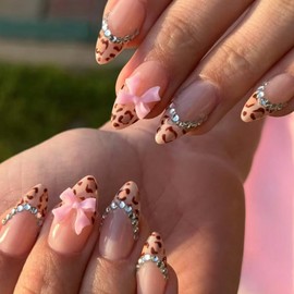 Almond Press on Nails Medium Fake Nails with Designs Bow Glue on Nails French False Nails Leopard Acrylic Nails Rhinestone Artificial Nails Full Cover Stick on Nails for Coquette Women