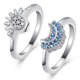 Cremation Jewelry for Ashes Rings - Celestial Sun and Moon Ring Set,Sparkling Sun Ring/Blue Moon Ring/Silver Plating,Friendship Promise Ring,Stackable Celestial Rings,Gift for Women/Girls, 7,