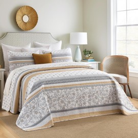 FineStichery Oversized Quilt Bedspread Coverlet Set, 120"x120" 100% Cotton Extra Large Quilt, Farmhouse Floral Pattern, Lightweight Quilted Bedding Set with 2 Pillowcases, Yellow/Gray/White