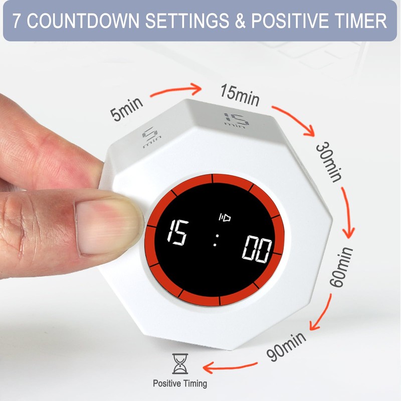 Cuteefun Cube Timer, Octagon Rotation Pomodoro Timer, 1/3/5/15/30/60/90 Minutes Countdown