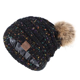American Trends Beanies Women Winter Hats for Women Satin Lined Slouchy Beanie with Pom Pom Winter Warm Cable Knit Snow Ski Hat Black Mix