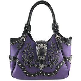 Justin West Western Studded Rhinestone Buckle Laser Cut Studded Shoulder Tote Handbag Purse Wristlet Wallet (Purple Purse and Wallet Set)