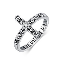 VNRIOW Diamond Cross Ring for Women Sterling Silver with God All Things are Possible Vintage Filigree Christian Ring with 0.06cttw Lab Grown Diamond, Size 9