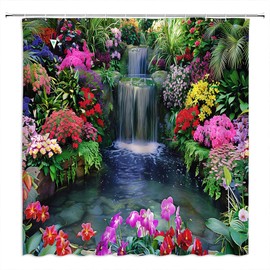 VPUPCN Garden Landscape Shower Curtain Waterfall Colorful Flower Plant Green Treen Forest Tropical Rainforest Jungle Nature Scenery Polyester Curtains Bathroom Decor with Hooks 70" Wx70 H