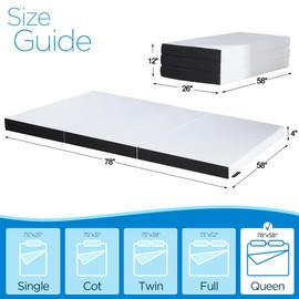 Roxzo 4-inch Queen Size Tri-Fold Memory Foam Mattress, Foldable for Indoor, RV/Camper Van, Travel, Camping, and Guest Rooms, with Breathable Cover & Non-Slip Bottom, 78x58x4 inches