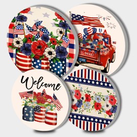 4th of July American Flag Kitchen Decor Burner Covers Rustic Metal Stove Burner Cover,Set of 4,Patriotic Decoration Gas Stove Burner Covers Flower Truck Round Burner Cover Party Gift Home Decor