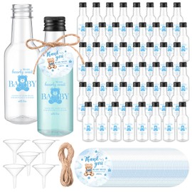 Funnymoom 50 Sets Blue Bear Baby Shower Favors for Guests 1.7oz/50ml Mini Liquor Bottles and Thank You Cards Funnels Plastic Empty Shot Bottles for Juice Alcohol Baby Shower Gender Reveal Party Gifts