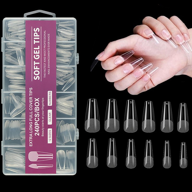 NASHRIO Long Coffin Nail Tips, 240 PCS Clear Half Frosted