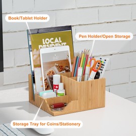 Pezin & Hulin Bamboo Desk Organiser, Multifunction Desktop Organiser Shelf, Countertop Storage with File Holder for Office Home School Supplies Storage