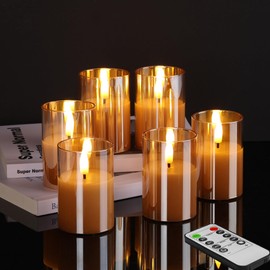 Girimax Gold Glass Flameless Votive Candles with Remote Timer, Real Wax Flickering Small LED Pillar Candles Set of 6