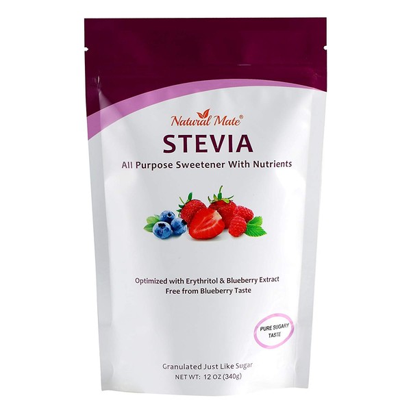 Natural Mate Stevia Granulated Sweetener with Real Fruit Nutrients (12 Oz Bag) - Blended with Real Blueberry Extract and Erythritol - All Purpose Granular Natural Sugar Replacement