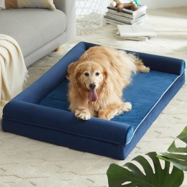 LNSSFFER Orthopedic Dog Bed with Removable Cover, Rose-Patterned Plush, 3 Side Bolsters, 36" x 27" x 6.5", Blue