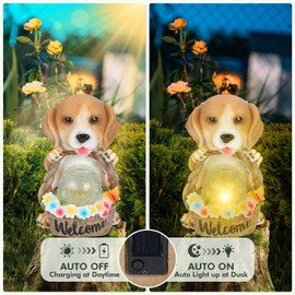 MROUEN Solar Garden Outdoor Statues Dog Decor with LED Lights, Resin Art Decorations for Home Porch Balcony Yard Decor for Woman, Mom Housewarming Thanksgiving Birthday Gifts
