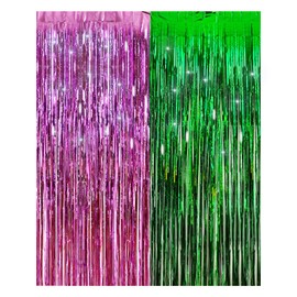 Party Streamers Pink and Green Tinsel Curtain Party Backdrop Foil Fringe Curtain Foil Backdrop for Birthday Baby Shower Witch Theme Decorations