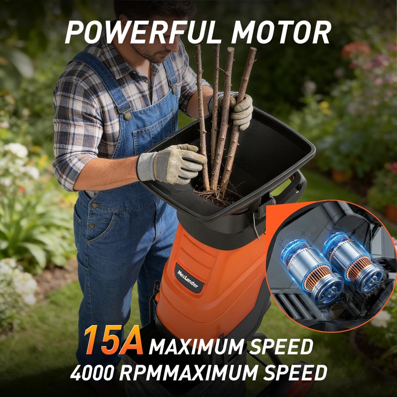 MAXLANDER Electric Wood Chipper Shredder, 15-Amp Corded Yard Mulcher with