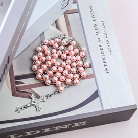 Karjiaja Pink Pearl Rosary Beads Catholic Necklace Glass Beads Necklace with Crucifix Charms Long Rosary Beads Necklace Prayer Beads Necklace Catholic Rosary Necklace for Men Women