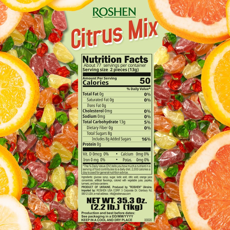 Roshen Hard Candy "Citrus Mix" Kosher and Halal, Delicious, Flavorful
