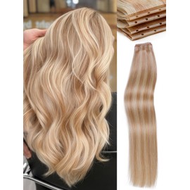 WIGNEE Double Layered Butterfly Wefts Hair Extensions Human Hair with Beads 100% Real Remy Human Hair Extensions Glueless for White Women 20 Inch 2 PCS 100g Strawberry Highlight Blonde(18/613)