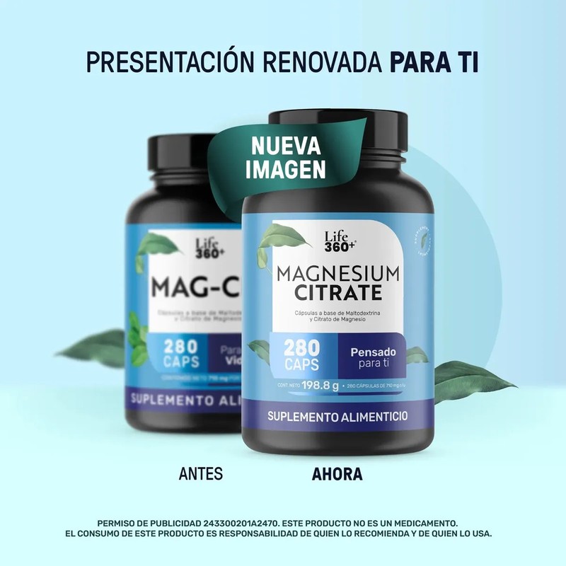Citrato De Magnesio Alta Pureza 280 Cápsulas Magnesium Citrate Life360