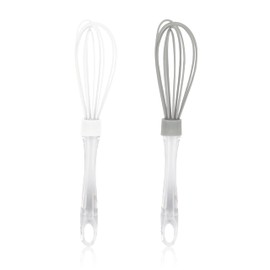 Silicone Whisks for Cooking, Non-Scratch, Clear Acrylic Handle, Hanging Hook - Set of 2 (Grey White)