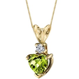 PEORA 14K Yellow Gold Peridot and Diamond Pendant, Genuine Gemstone, Heart Shape Solitaire, 6mm, 1 Carat total, Real Gold Peridot Jewelry, August Birthstone Necklace, w/Jewelry Box