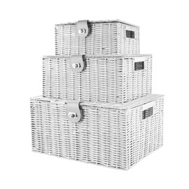 Unibos | Woven Wicker Hamper Basket | Comes with Lid & Lock | Decorative Storage Box | Resin Shelf Storage Baskets | for Organizing Toys, Clothes, Office etc | Insert Handles | Set of 3 | 𝗪𝗛𝗜𝗧𝗘