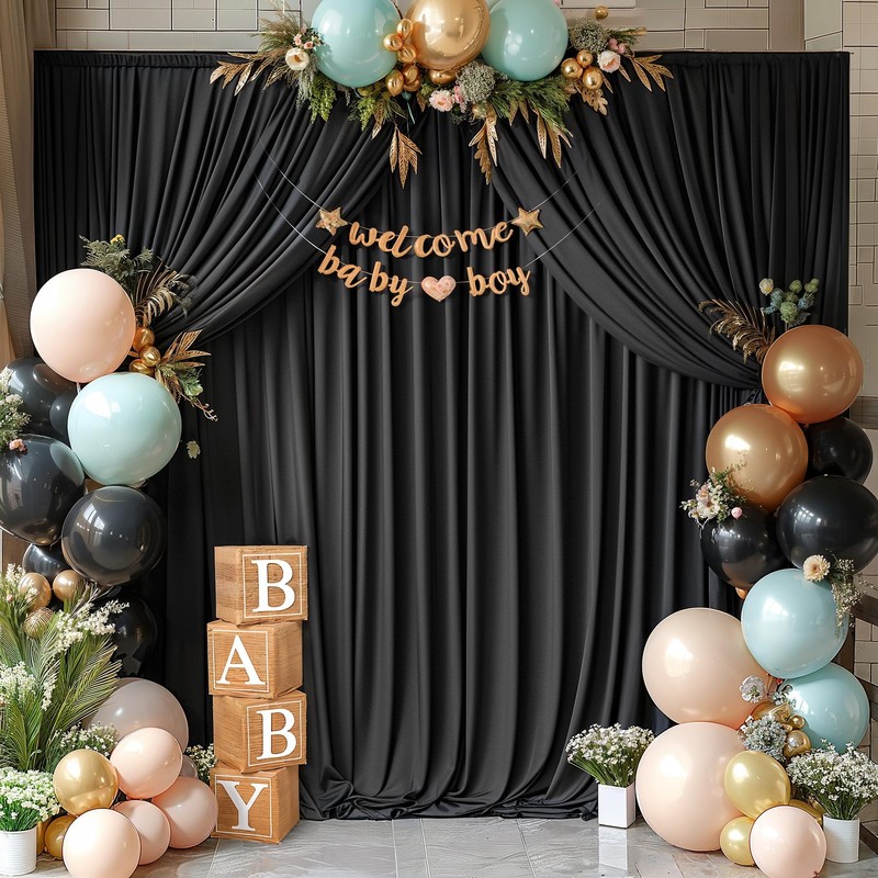 10x10ft Black Backdrop Curtain Panels for Parties - Wrinkle Free