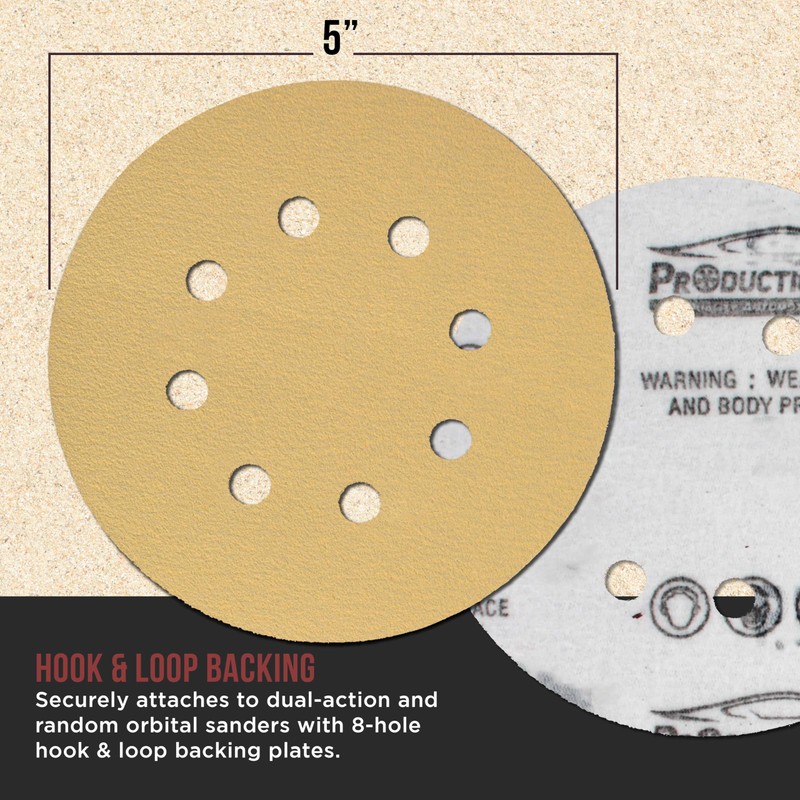 ProductionShop Premium 120 Grit 5" Gold Sanding Discs, 8-Hole Pattern,