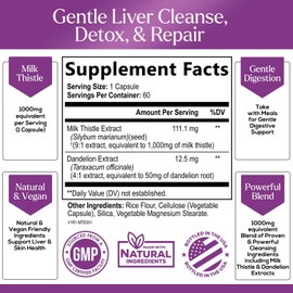 Nature's Milk Thistle 1000mg - Herbal Liver Supplement - Best Milk Thistle Liver Cleanse Detox & Repair Formula with Dandelion Root Extract & Silymarin Marianum, Supports Liver Health - 60 Capsules