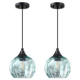 SEENMING HOUSE 2 Pack Hanging Kitchen Island Pendant Light 6.3" Clear Hammer Green Glass Pendant Ceiling Light Fixture Black Finish Modern Farmhouse Dinning Over Sink(Adjustable Height Cord)