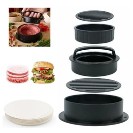 Burger Press, Burger Pattie Press 3 in 1 Set, Filled Burger Sandwich Cutter, Meat Beef Vegetable Hamburger Pattie Mould with 50 Pieces Wax Paper