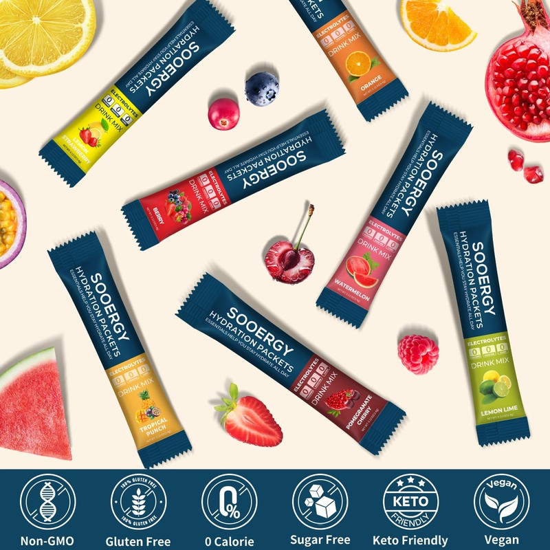 Sooergy Electrolytes Powder Packets Sugar Free Hydration Packets, 7 Flavors