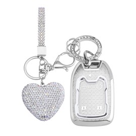 Vicoca for Chevy 5 Button key fob cover with Diamond Heart Keychain, Car Accessories TPU for 2023 2022 2021 2020 2019 GMC Sierra and Chevy Silverado 1500 2500HD 3500HD, Silver Clear