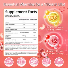Vitamin D3 K2 Gummies w/Magnesium Sugar Free - 90 Count | D3 Vitamin 5,000 IU + K2(MK-7) 100 mcg - Vegan K2 D3 Vitamin Supplement, Highly Absorbent Supports Bone, Muscle, Mood & Immune(Peach Flavor)