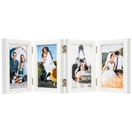 4x6 Four Picture Frame 4 Hinged Photo Frame with 4 Openings, Natural Wood Foldable Photo Frame with High Definition Acrylic for Birthday Christmas Gift, Rustic Desk Family Picture Collage, White