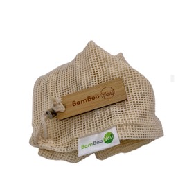BamBoo-You Pack of 3 Reusable Cotton Muslin Bags with drawstring to keep your belongings safe an easy to use and wash mesh bags with bamboo tag (34cm x 31cm)