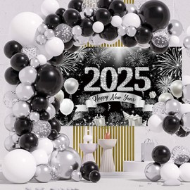 MEHOFOND 114pcs Black and Silver New Years Decorations 2025 Happy New Year Balloons Garland Arch Kit with New Year Banner for Happy New Year Party Decor NYE Party Supplies