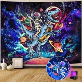 YEXIT Funny Space Astronaut Dinosaur Tapestry, Blacklight Trippy Galaxy Universe Planets Cool Tapestries for Teens Boys College Dorm Bedroom Grunge Room Poster 36×48 inch