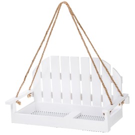Frcctre Wood Bird Feeder for Outside, Cute White Swing Bench Wild Bird Feeder Squirrel Feeder Hanging Seed Tray Platform with Metal Mesh Bottom for for Garden Yard Porch Outside Decoration