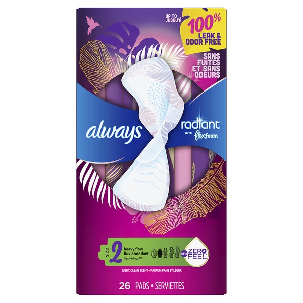 Always Radiant Feminine Pads For Women, Size 2 Heavy Flow Absorbency, With Flexfoam, With Wings, Scented, 26 Count