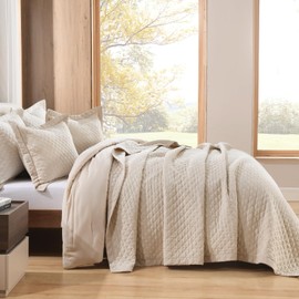 Grassix 100% Linen Front/100% Cotton Back Quilt Set King Size, Pre-Washed Lightweight Diamond Stitch Bedspread Coverlet Bedding Set for All Season, 3 Pieces, Nature Linen