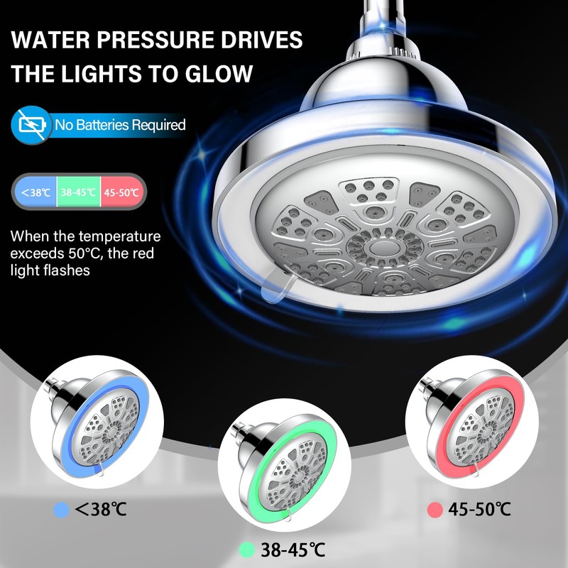 JINYOMFLY Rain Shower with LED, 7 Shower Modes, LED Colour