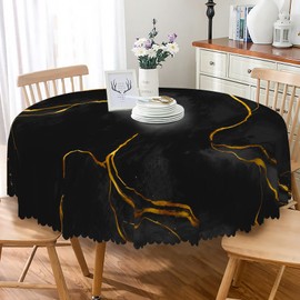 SIEDYCV Black Marble Round Tablecloth 54 Inch Black Marbling Golden Line Fabric Table Cloth Polyester Waterproof Reusable Modern Table Cover for Cottage Garden Theme Party Kitchen Dining Decoration