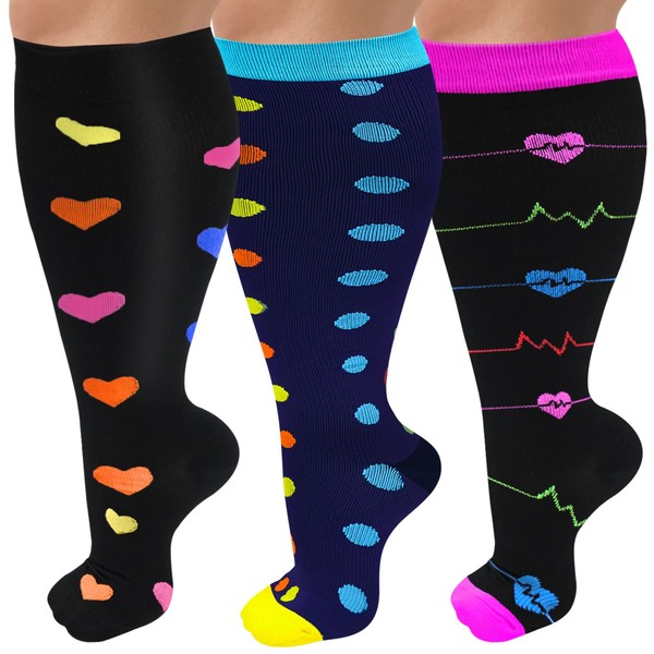 Paquete de 3 calcetines de compresión de pantorrilla ancha para mujeres y hombres, 20-30 mmhg, medias altas hasta la rodilla para soporte de circulación, multicolor1, 3XL