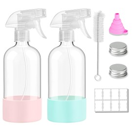 Juego de 2 Botellas de Spray de Vidrio Transparente,17Oz (500 Ml), Botellas de Vidrio con Funda de Silicona, Atomizador Recargable para Peluquería, Limpieza,Aceites Esenciales