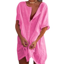 Colisha Womens Short Sleeve Linen Tops Casual V-Neck Button-Down Blouse Long Shirts Loose Plus Size Tunic L Pink